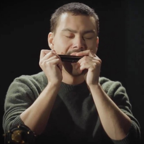 David Brunelle jouant de l'harmonica